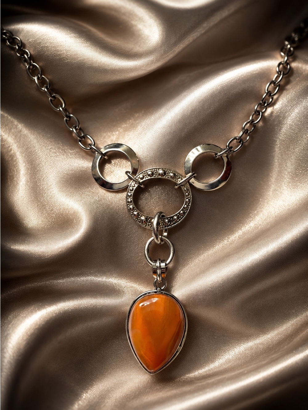 RUBYRUDI Artisan Silver Necklace with Orange Carnelian Agate Teardrop Pendant